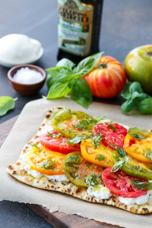 Heirloom Tomato Flatbread with Fried Basil and Extra Virgin Olive Oil