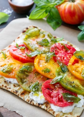 Heirloom Tomato Flatbread with Burrata and Crispy Fried Basil