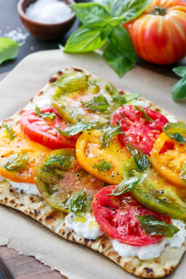 Heirloom Tomato Flatbread with Burrata and Crispy Fried Basil