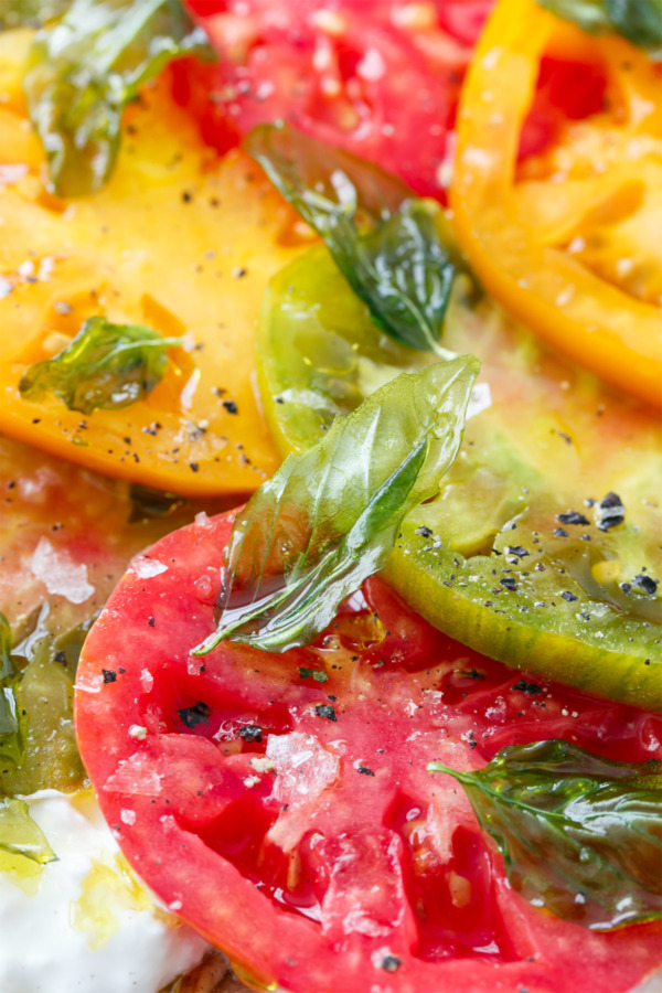 Heirloom Tomato Flatbread Recipe with Burrata Cheese and Crispy Fried Basil