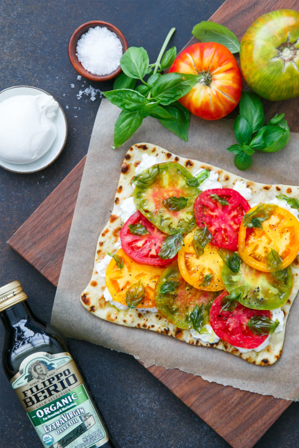 Heirloom Tomato Flatbread with Fried Basil, Burrata, and Extra Virgin Olive Oil