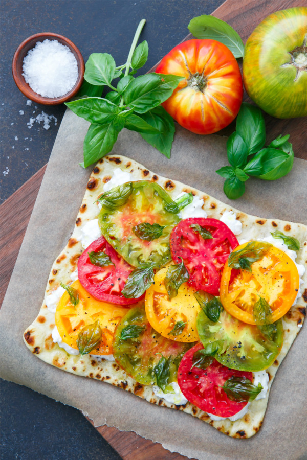 Heirloom Tomato Flatbread with Burrata and Fried Basil