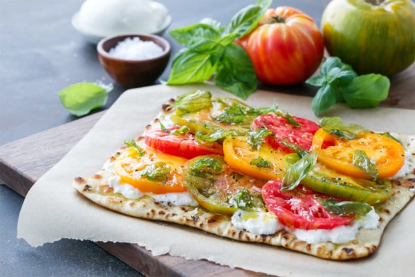 Heirloom Tomato Flatbread with Fried Basil