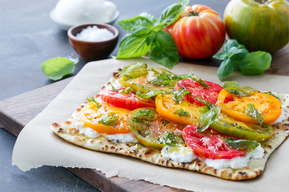 Heirloom Tomato Flatbread with Fried Basil