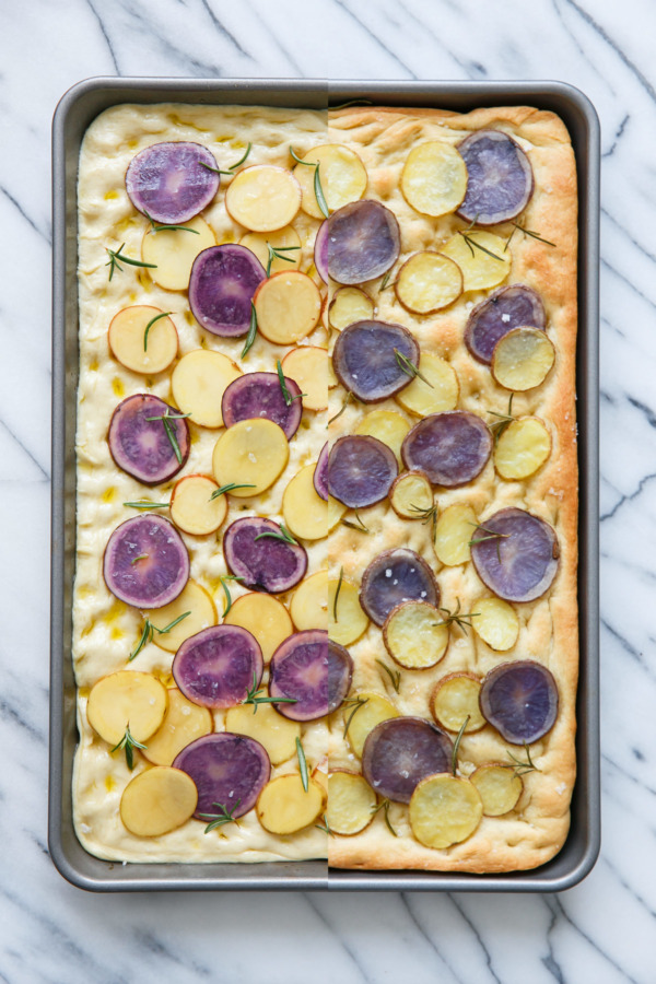 Potato & Rosemary Focaccia Bread: Before and after baking