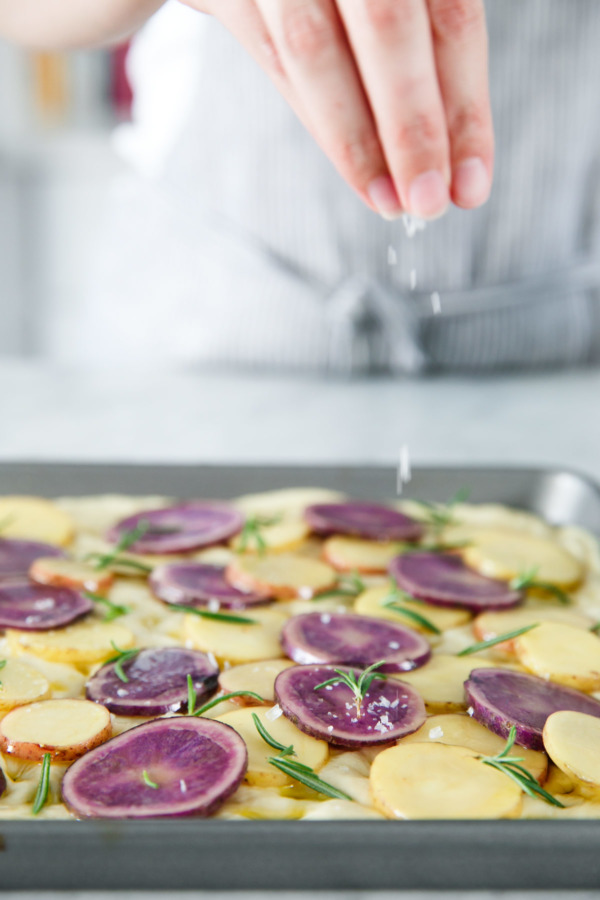 Homemade Focaccia Recipe with Rosemary and Multi-colored potatoes