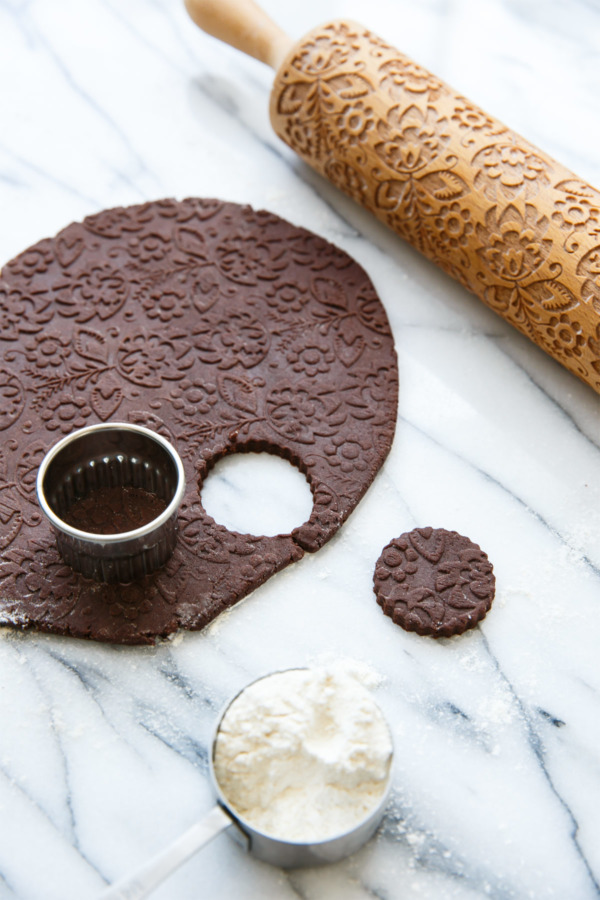 An embossed rolling pin makes for beautiful designs on these homemade Oreo cookies.