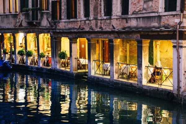 Nighttime canal scene, Venice Italy