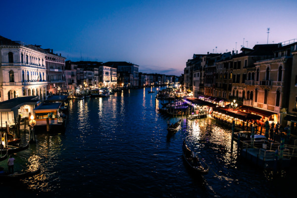 Nighttime reflections on the Grand Canal, Venice Italy