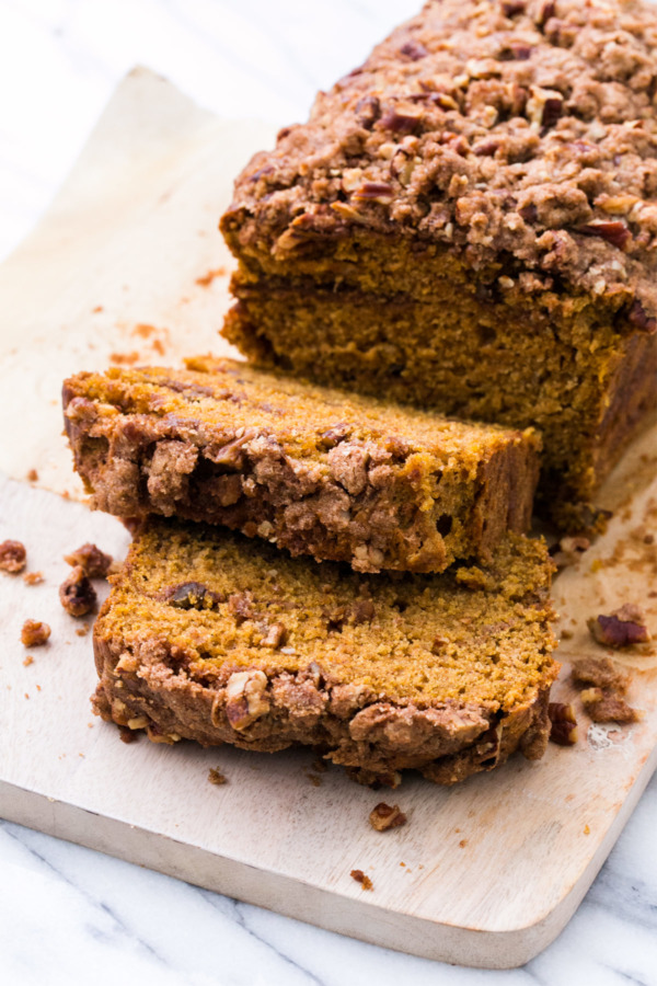 Sweet Potato Bread with Pecan crumb topping and cinnamon swirl