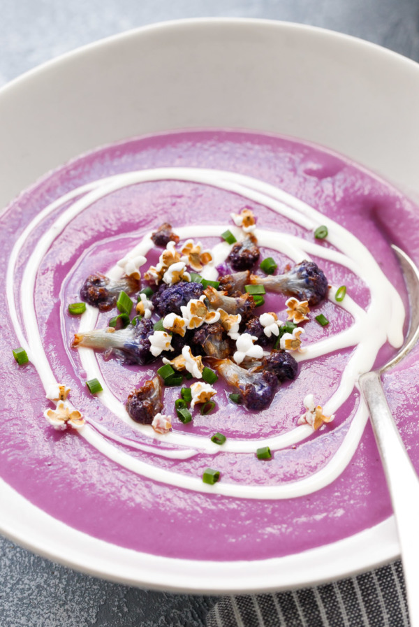 Purple Cauliflower & Sweet Potato Soup with Popped Sorghum and Crème fraîche