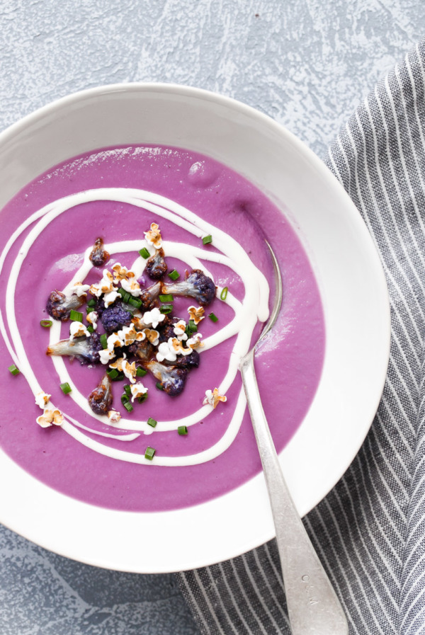 Naturally purple soup: made with purple cauliflower and purple sweet potatoes, topped with popped sorghum, chives, and crème fraîche