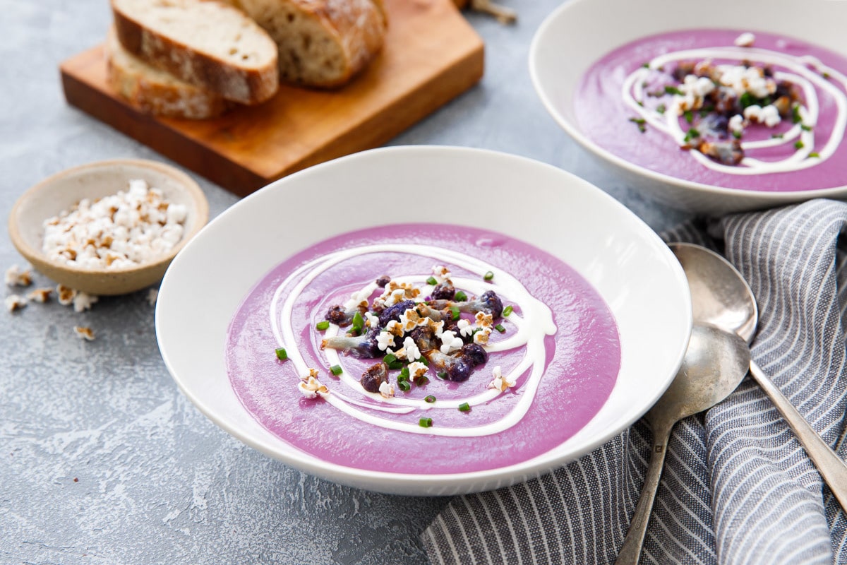 Purple Cauliflower & Sweet Potato Soup with Popped Sorghum