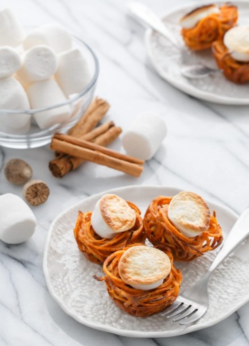 Mini Spiralized Sweet Potato Casserole Nests - Thanksgiving side dish recipe