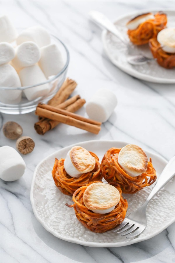 Mini Spiralized Sweet Potato Casserole Nests - Thanksgiving side dish recipe