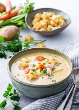 Creamy Chicken Pot Pie Soup Recipe served with Pie Crust Crackers