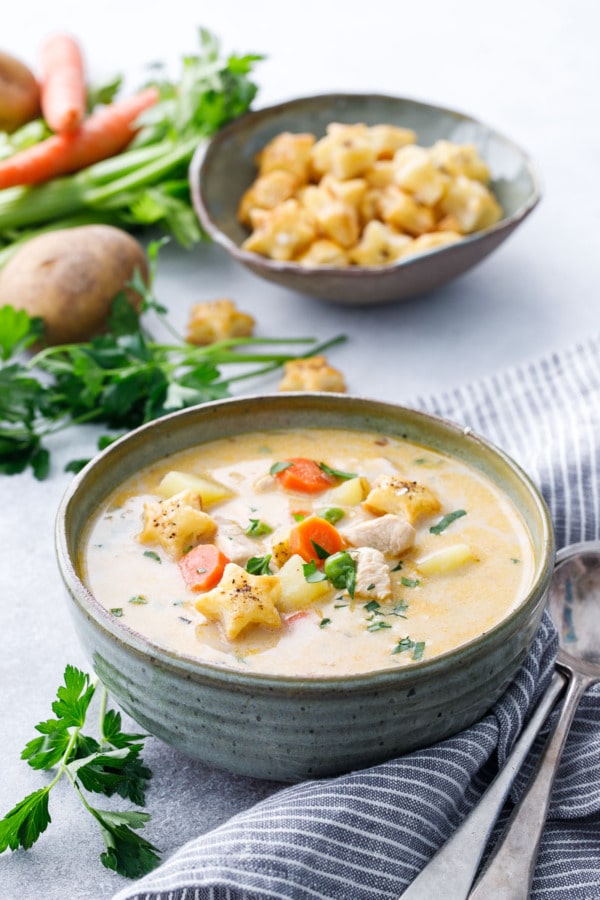 Creamy Chicken Pot Pie Soup Recipe served with Pie Crust Crackers