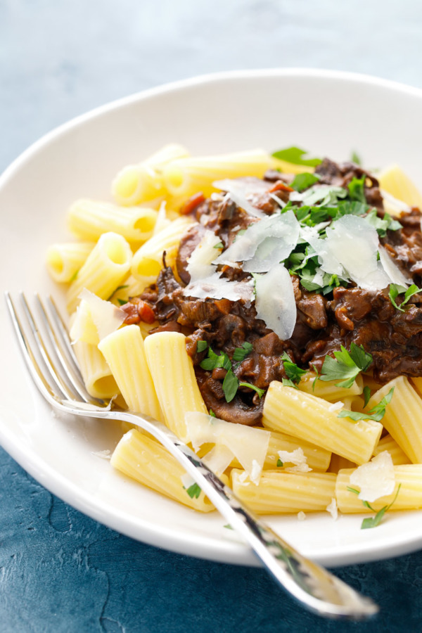 Hearty Wild Mushroom Ragout Recipe with 4 different kinds of fresh and dried mushrooms.