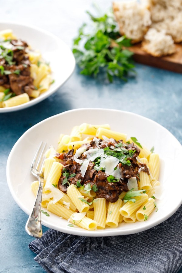 Wild Mushroom Ragout Recipe served over Rigatoni