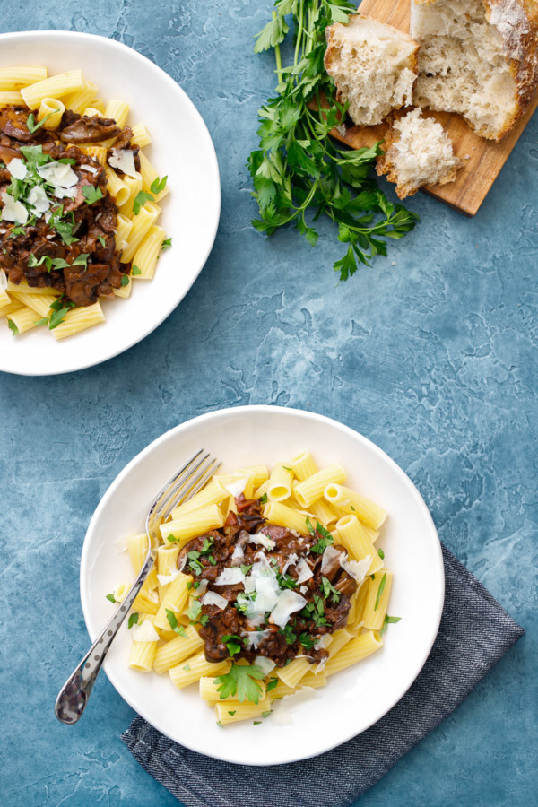 Vegetarian Wild Mushroom Ragout Recipe served over Rigatoni pasta