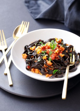 Spicy Squid Ink Fettuccine with Shrimp and Chorizo Recipe