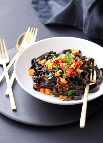Spicy Squid Ink Fettuccine with Shrimp and Chorizo Recipe
