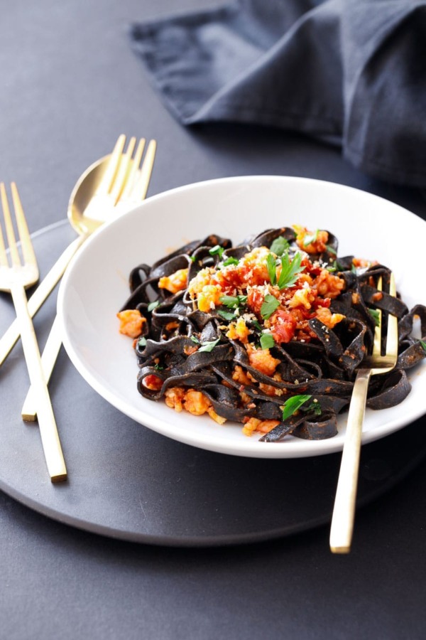 Spicy Squid Ink Fettuccine with Shrimp and Chorizo