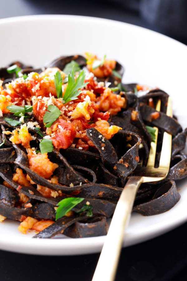 Spicy Squid Ink Fettuccine with Shrimp and Chorizo