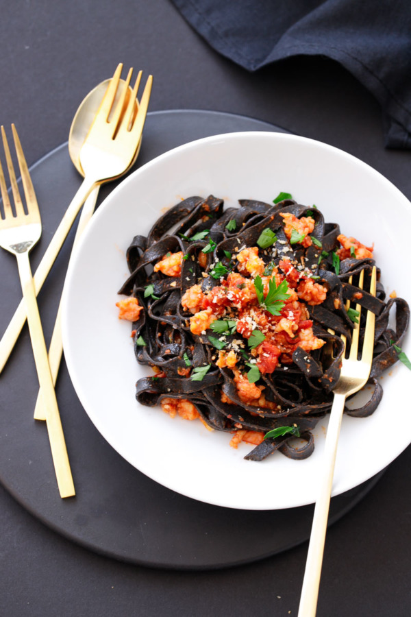 Homemade Squid Ink Fettuccine with Spicy Shrimp and Chorizo Tomato Sauce