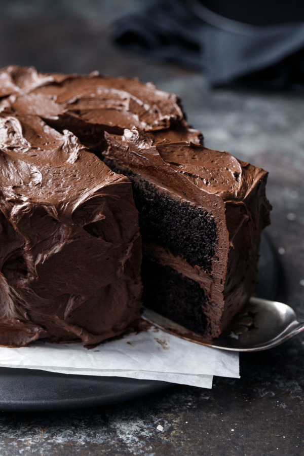 Best Chocolate Cake Recipe EVER - Dark chocolate cake with a rich and glossy (and not too sweet!) chocolate fudge frosting.