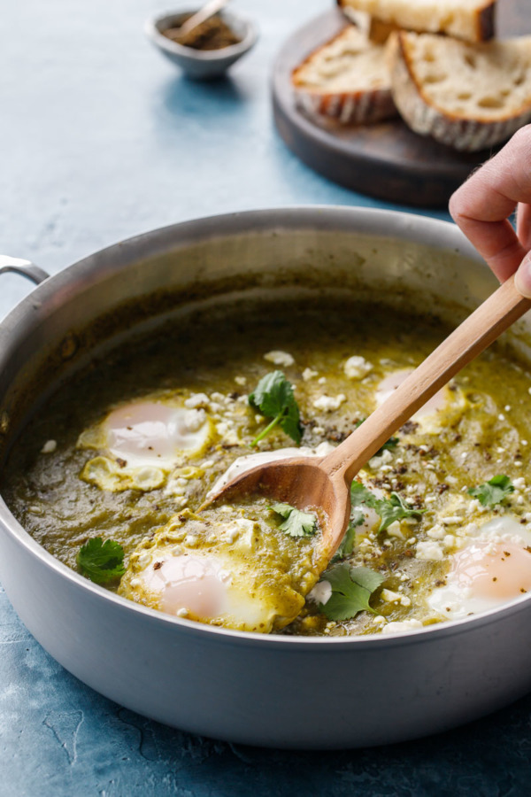 Green Shakshuka Recipe made with tomatillos and fresh green herbs