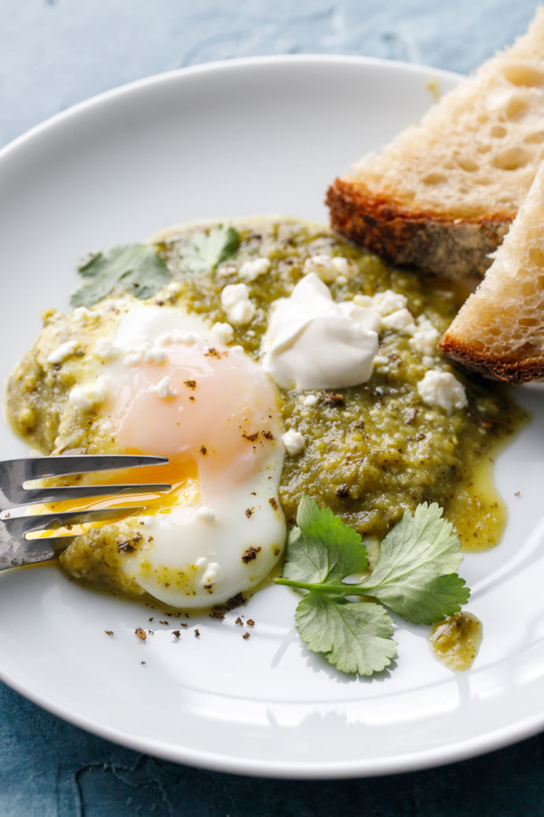 Green Tomatillo Shakshuka with Poached Eggs