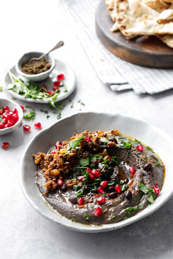 Black Sesame & Black Bean Hummus with Spiced Beef