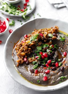 Black Bean Hummus Recipe with Black Sesame Tahini and Spiced Beef