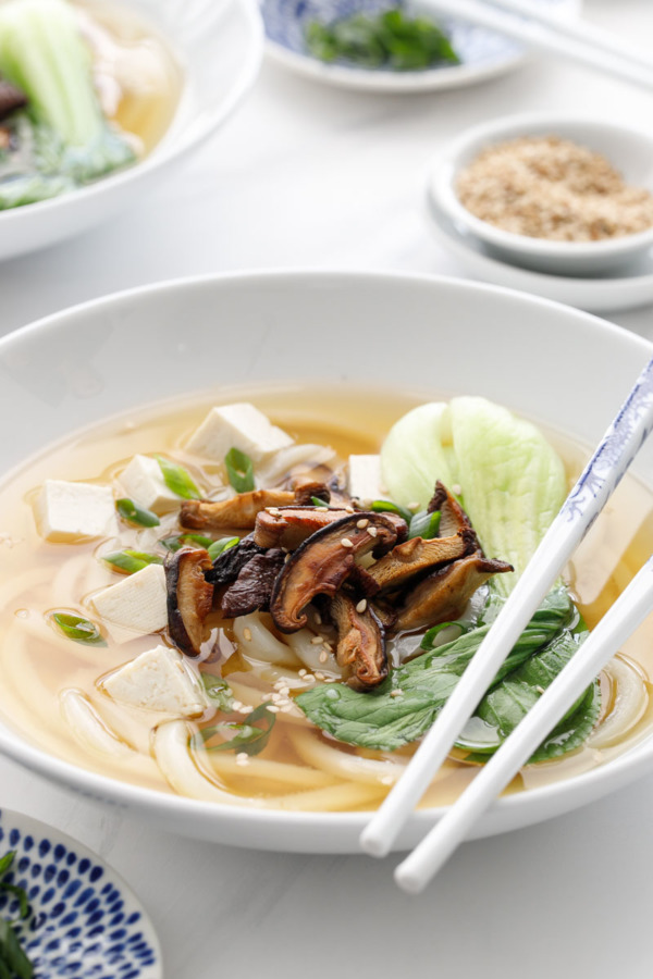 Japanese Udon Noodle Soup Recipe with Ginger Miso Broth, Bok Choy and Roasted Mushrooms