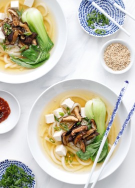 Ginger Miso Udon Noodle Soup Recipe with Roasted Mushrooms and Bok Choy