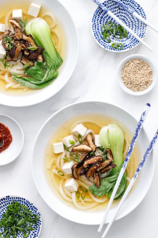 Ginger Miso Udon Noodle Soup Recipe with Roasted Mushrooms and Bok Choy