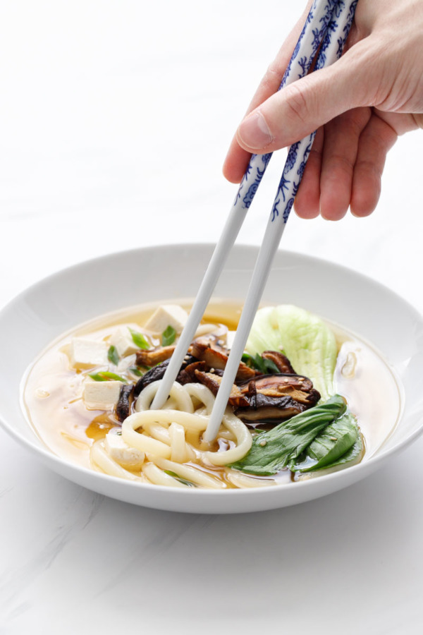 Japanese Ginger Miso Udon Noodle Soup Recipe with Soy-sauce Roasted Shiitake Mushrooms