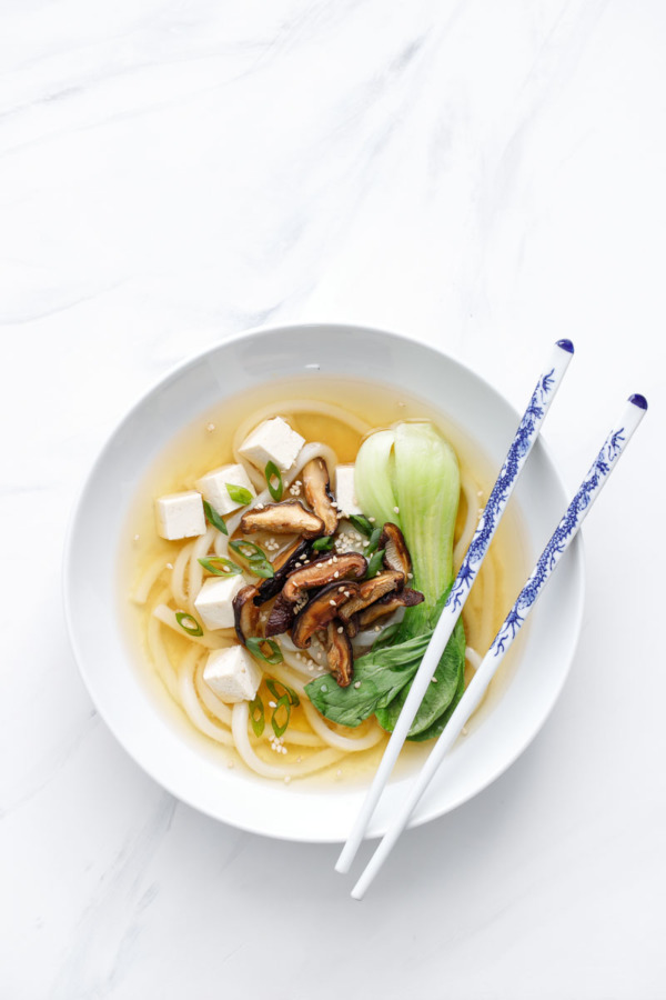 Recipe for Ginger Miso Udon Noodle Soup with Roasted Mushrooms