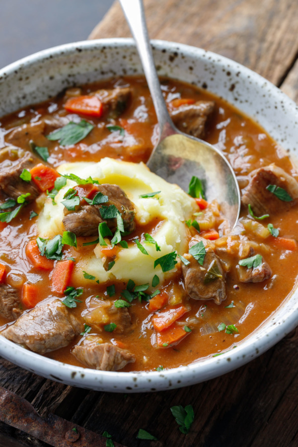 Loaded Beef Stew with Mashed Potatoes