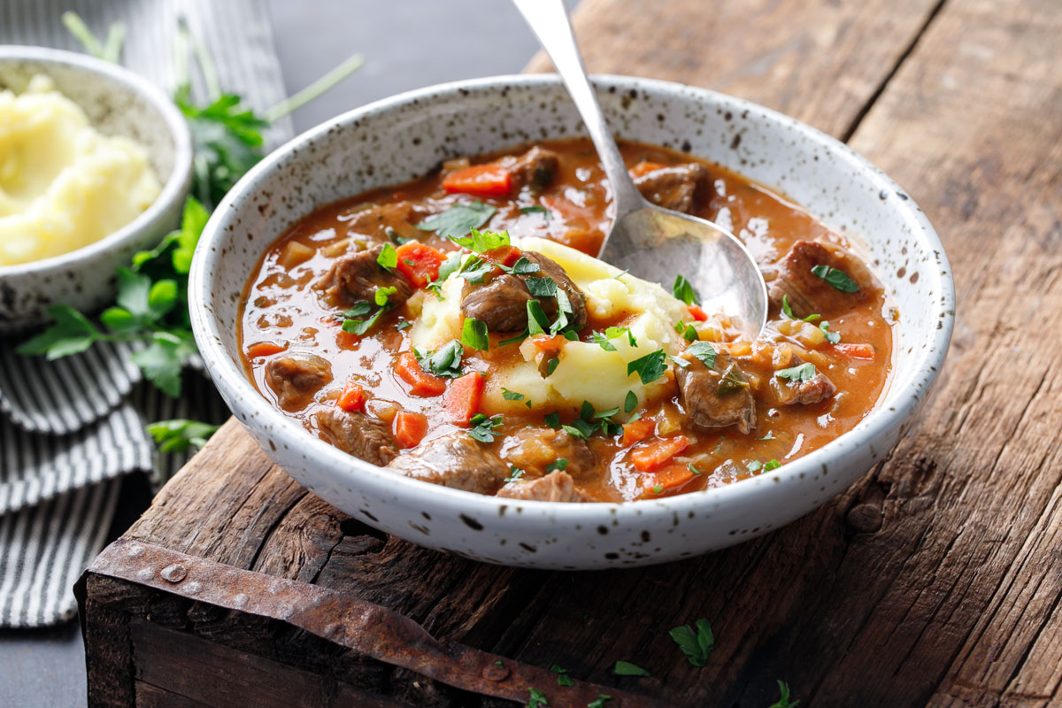 Loaded Beef Stew with Mashed Potatoes