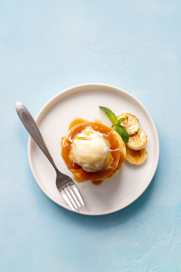 Thick Soufflé Pancakes with Ice cream and caramel