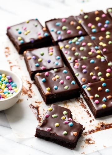 Homemade Cosmic Brownies Recipe with Chocolate Ganache Glaze and Crunchy Rainbow Bit Sprinkles