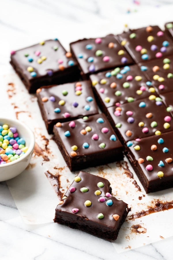 Homemade Cosmic Brownies Recipe with Chocolate Ganache Glaze and Crunchy Rainbow Bit Sprinkles