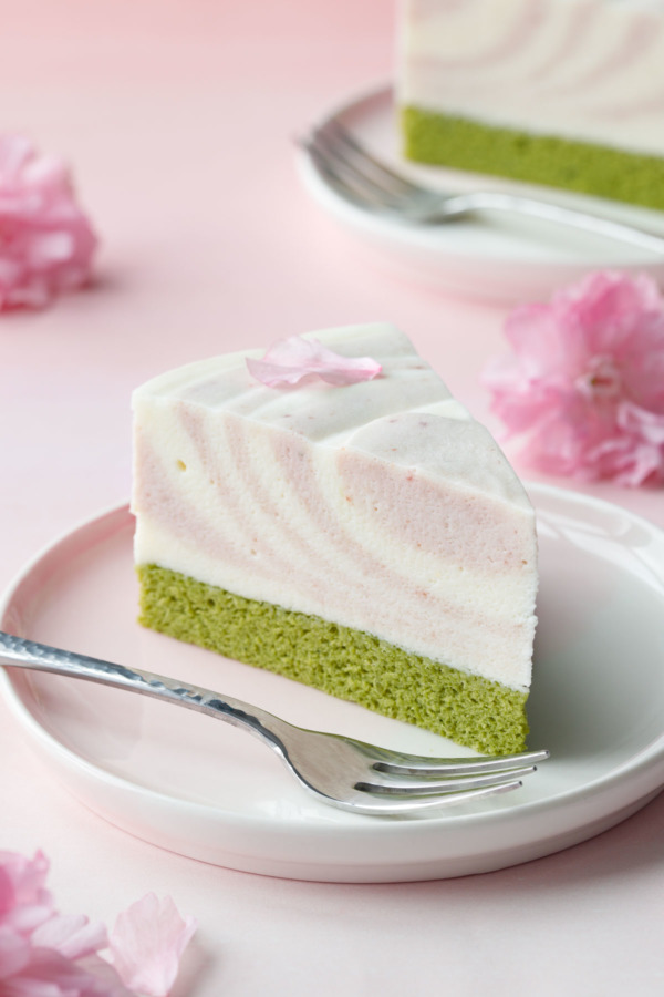 Sakura Matcha Mousse Cake with a gorgeous two-tone zebra stripe effect
