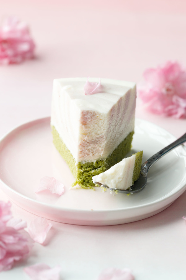 Sakura Matcha Mousse Cake is light and subtly sweet, with a hint of matcha and cherry blossom flavor.