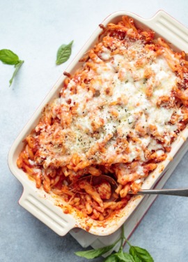 Your Favorite Chicken Parmesan, baked into a cheesy, flavorful pasta!