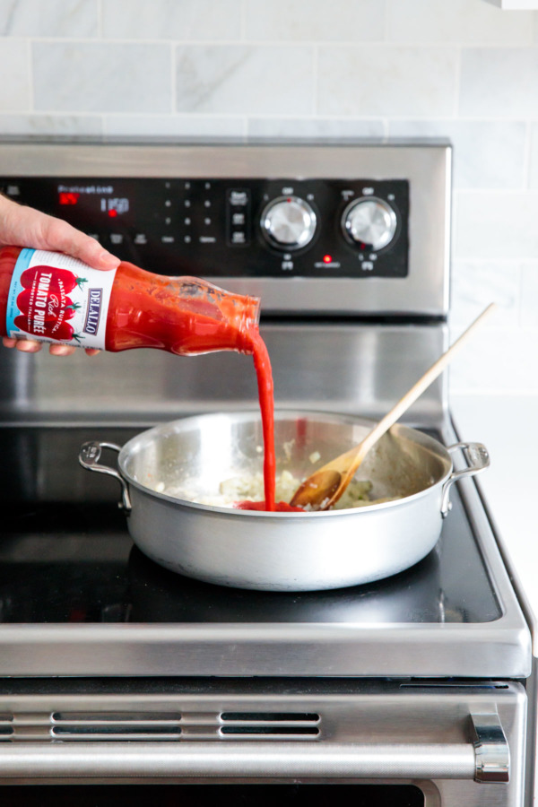 Cheesy Chicken Parmesan Pasta Bake featuring DeLallo Tomato Puree