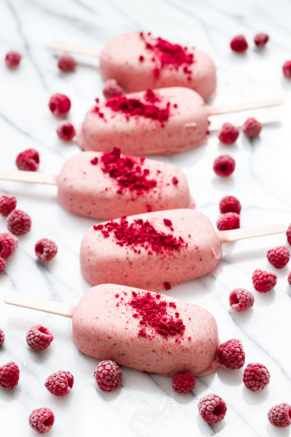 Raspberry White Chocolate Ice Cream Pops dipped in Raspberry-flavored White Chocolate