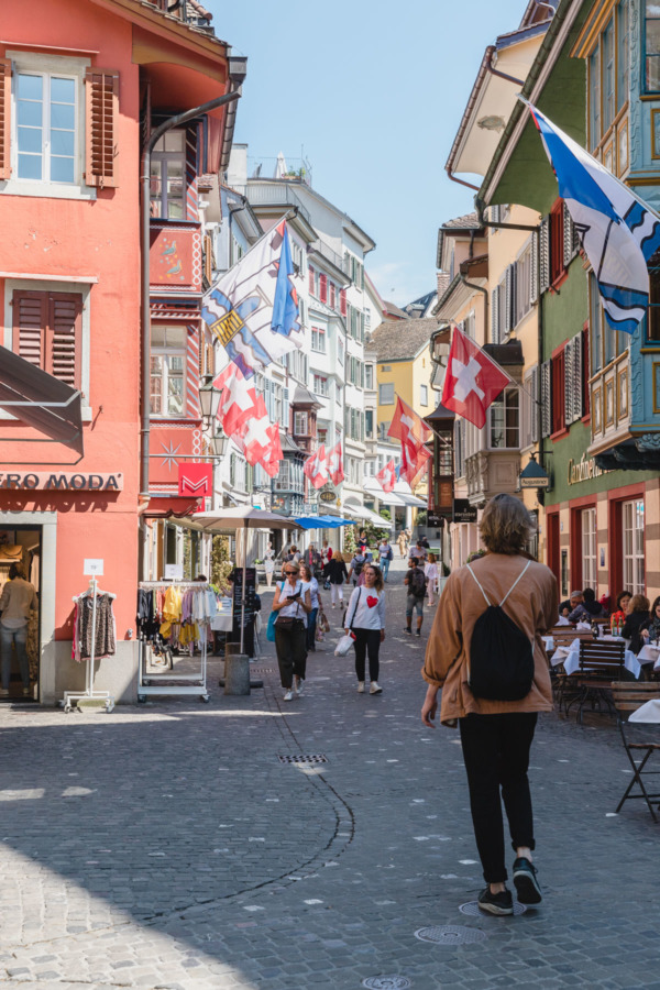 Flag-lined shopping street in Zurich, Switzerland